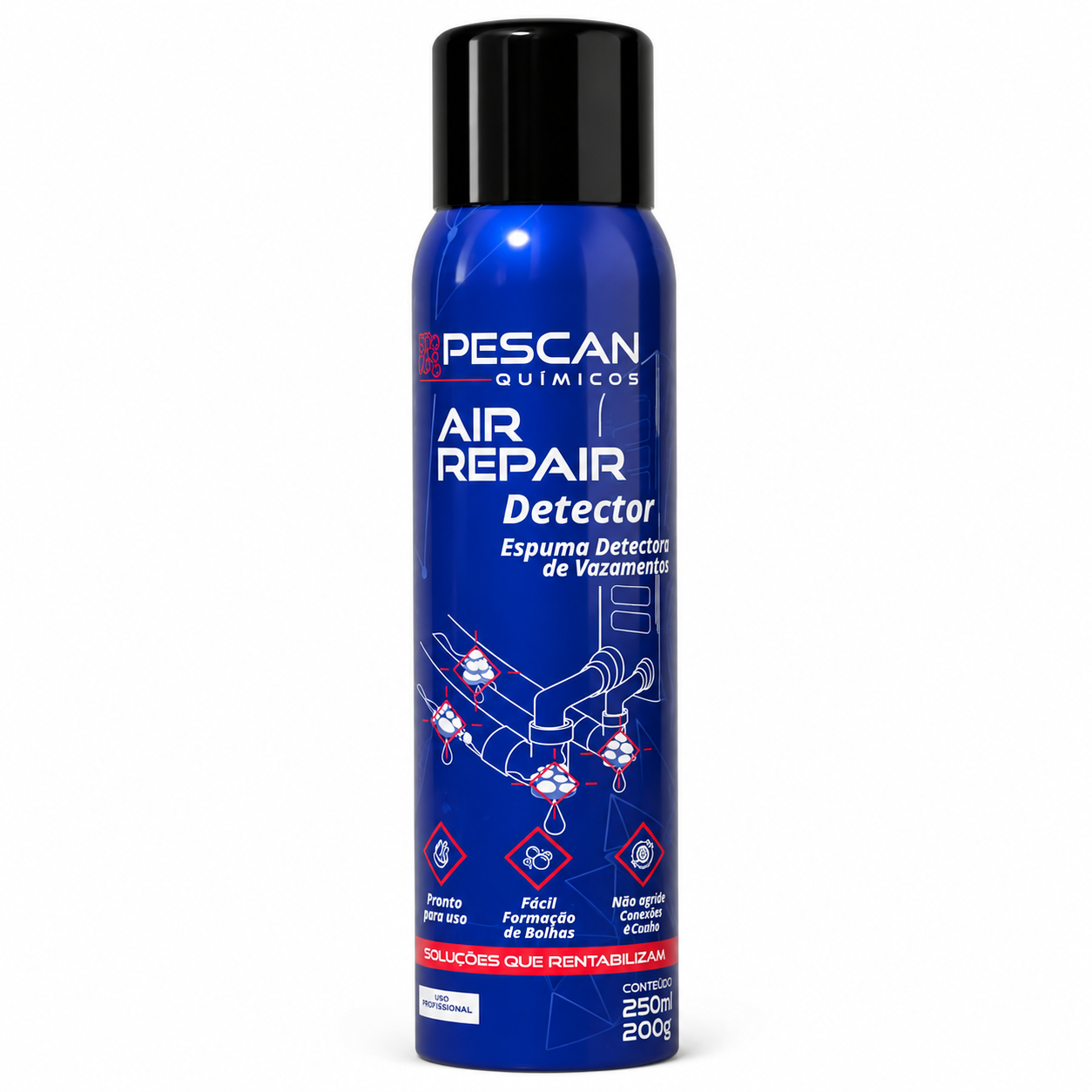 Air Repair Detector Pescan Químicos 250 ml, espuma detectora de vazamentos para identificação visual de fugas em conexões, sistemas de refrigeração, ar-condicionado e tubulações pressurizadas.
