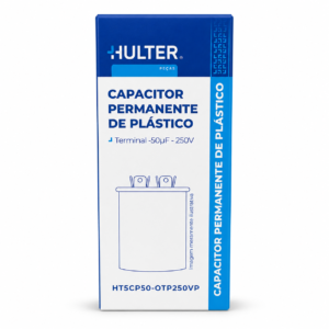 Capacitor Permanente de Plástico Hulter Peças 50 µF 250V, tolerância de ±5%, frequência de 50/60 Hz e código HT5CP50-0TP250VP.