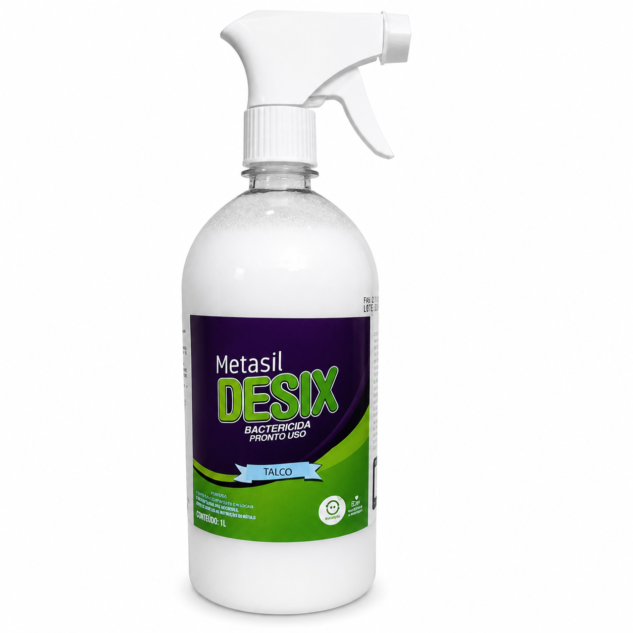 Metasil DESIX Talco 1 L, desinfetante bactericida pronto para uso indicado para pisos, paredes e superfícies, com Cloreto de Benzalcônio 0,9% p/p e tempo de ação indicado de 10 minutos.