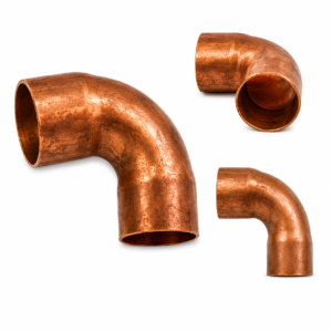 Curva de Cobre 90° 7/8 x 1/32 com duas extremidades lisas para mudança de direção em tubulações de sistemas de climatização e refrigeração, comercializada pela Grupo Smart Rio.