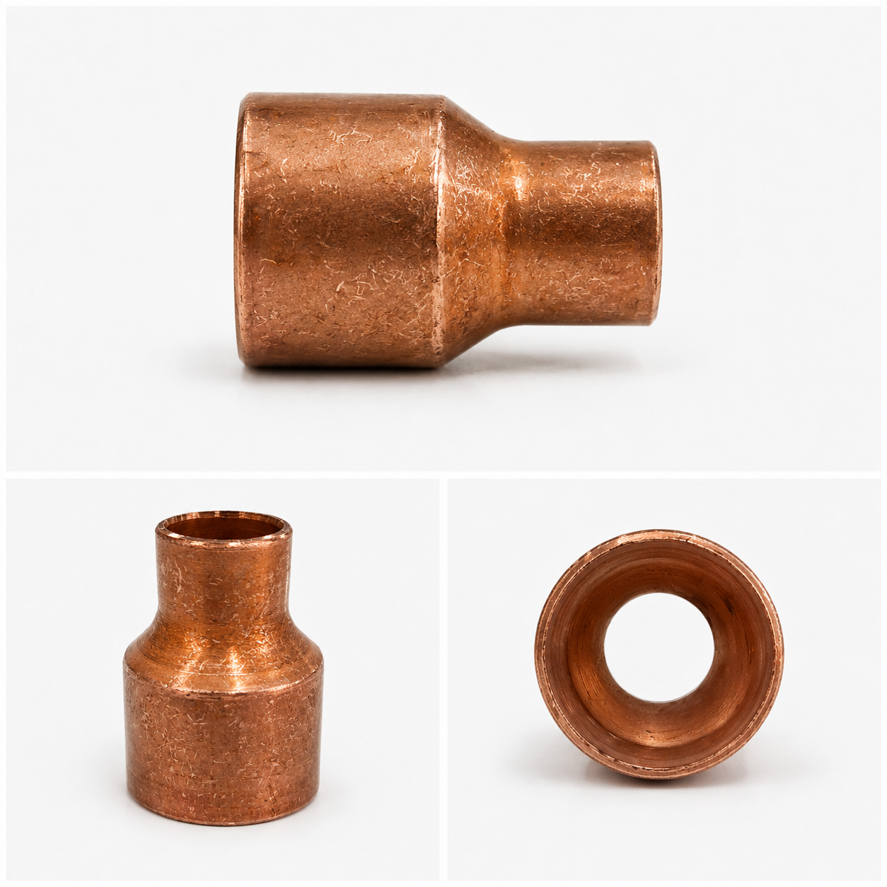 Luva de Redução de Cobre 1 1/8 x 5/8 x 1/16 com extremidades de diferentes diâmetros para conexão de tubulações em sistemas de climatização e refrigeração, disponível na Grupo Smart Rio.