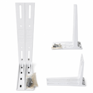 Suporte Polímero 450 mm branco em conjunto com duas peças em formato de L, furações para ajuste e nervuras estruturais, destinado à instalação de unidades condensadoras de ar-condicionado Split, comercializado pela Grupo Smart Rio.