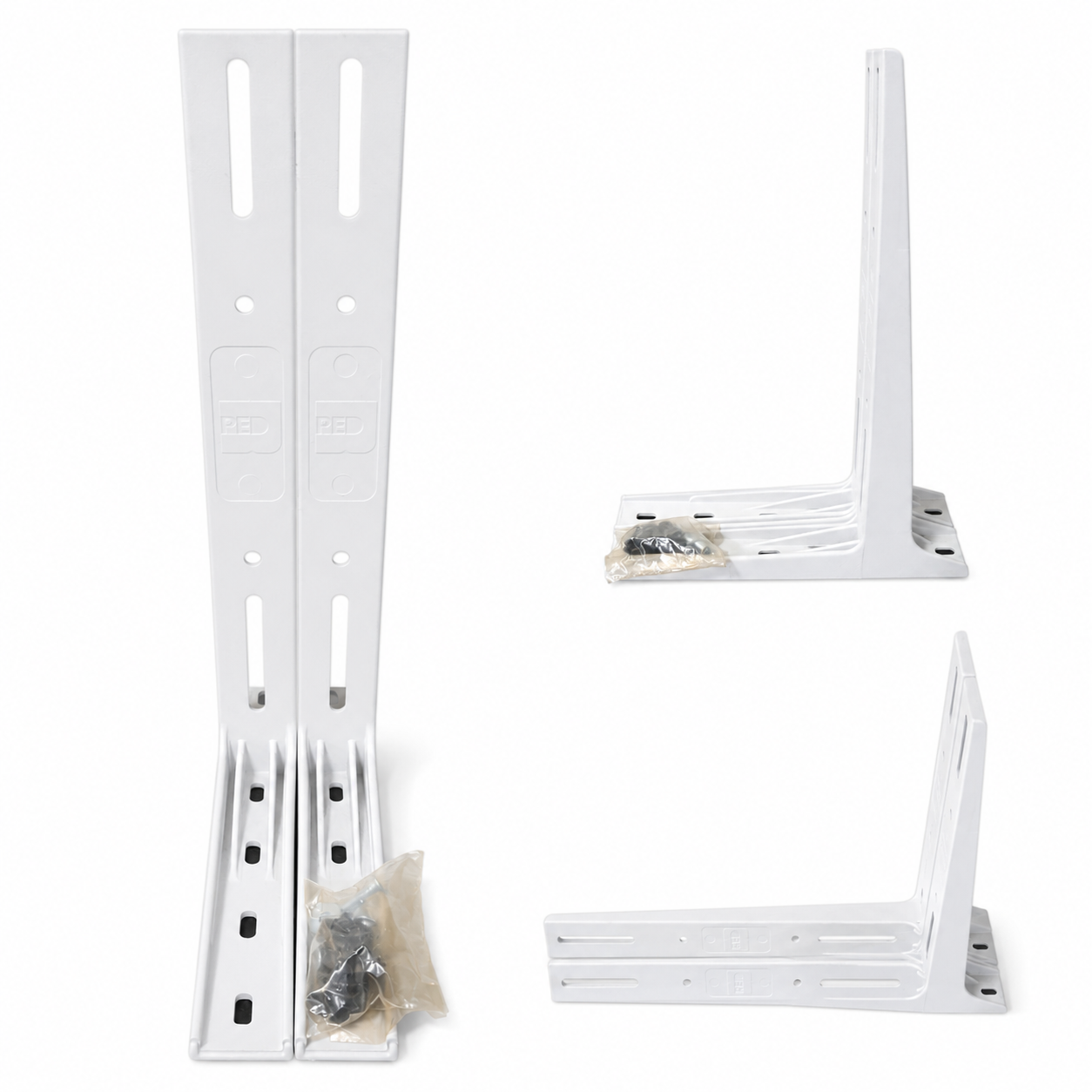 Suporte Polímero 450 mm branco em conjunto com duas peças em formato de L, furações para ajuste e nervuras estruturais, destinado à instalação de unidades condensadoras de ar-condicionado Split, comercializado pela Grupo Smart Rio.