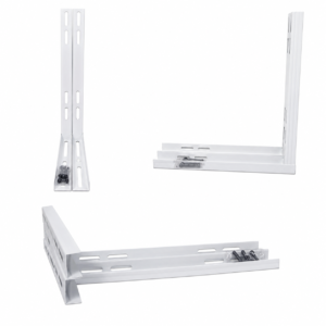 Suporte Split Metálico 500 mm 18x24 branco em conjunto com duas peças em formato de L e furações oblongas para apoio e instalação de unidade condensadora de ar-condicionado, comercializado pela Grupo Smart Rio.