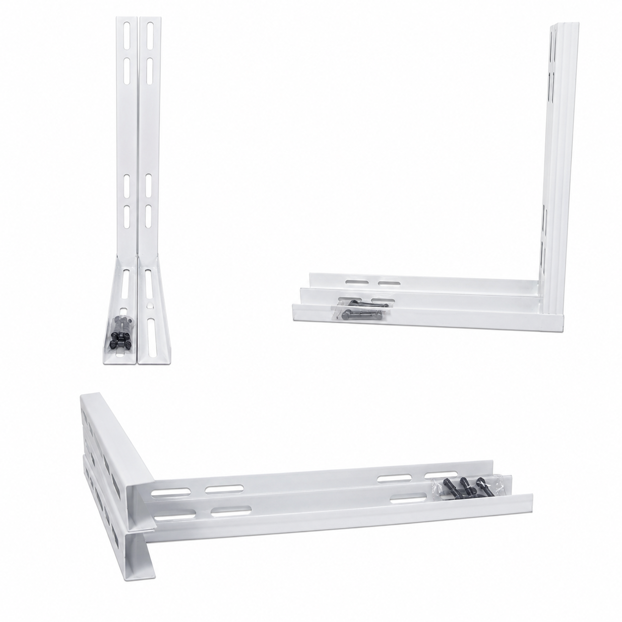 Suporte Split Metálico 500 mm 18x24 branco em conjunto com duas peças em formato de L e furações oblongas para apoio e instalação de unidade condensadora de ar-condicionado, comercializado pela Grupo Smart Rio.