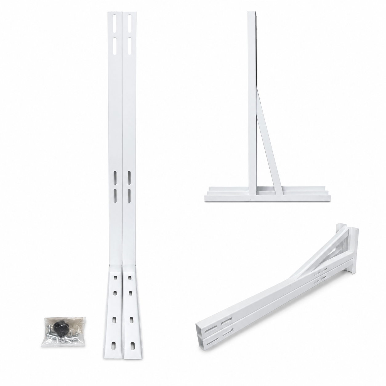 Suporte Split Metálico 900 mm branco em conjunto com duas peças em formato de L, travessas diagonais estruturais e furações oblongas para apoio e instalação de unidade condensadora de ar-condicionado, comercializado pela Grupo Smart Rio.